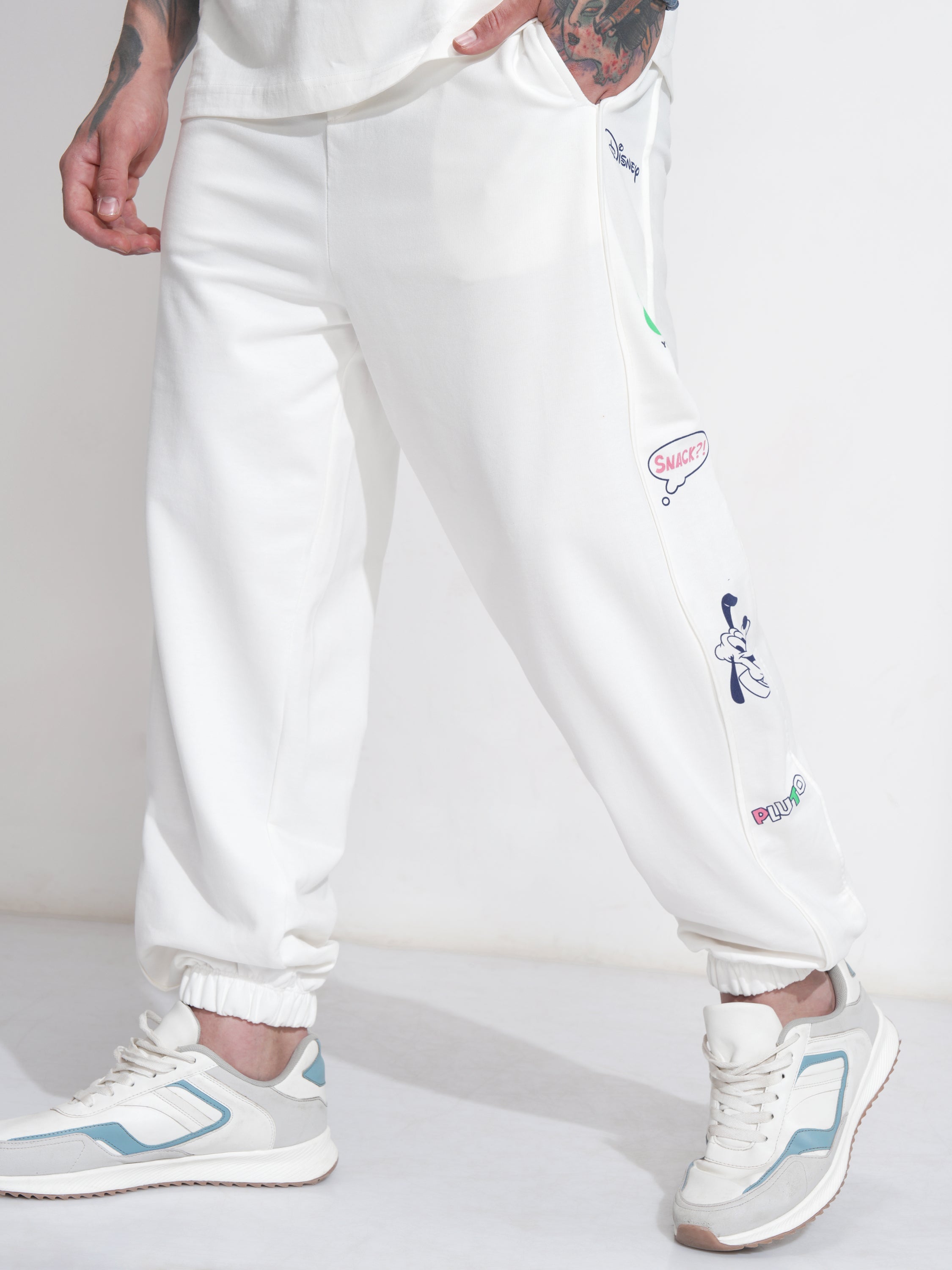 Disney By Highlander Men Off White Mickey Mouse Loose Fit Solid Joggers - Off White - Image 1