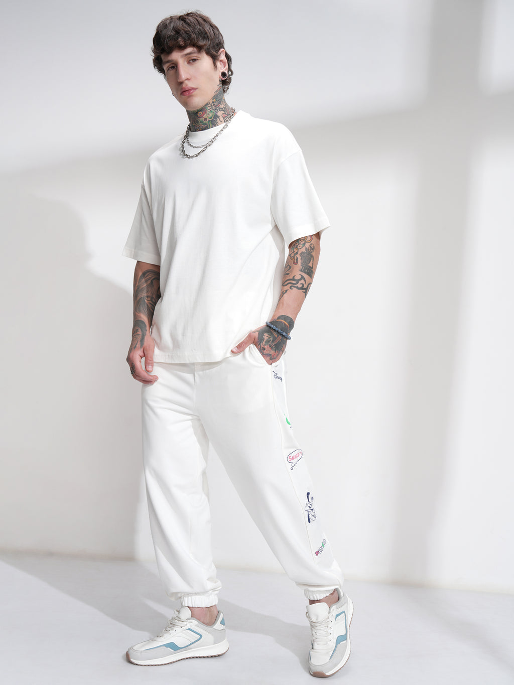 Disney By Highlander Men Off White Mickey Mouse Loose Fit Solid Joggers - Off White - Image 2