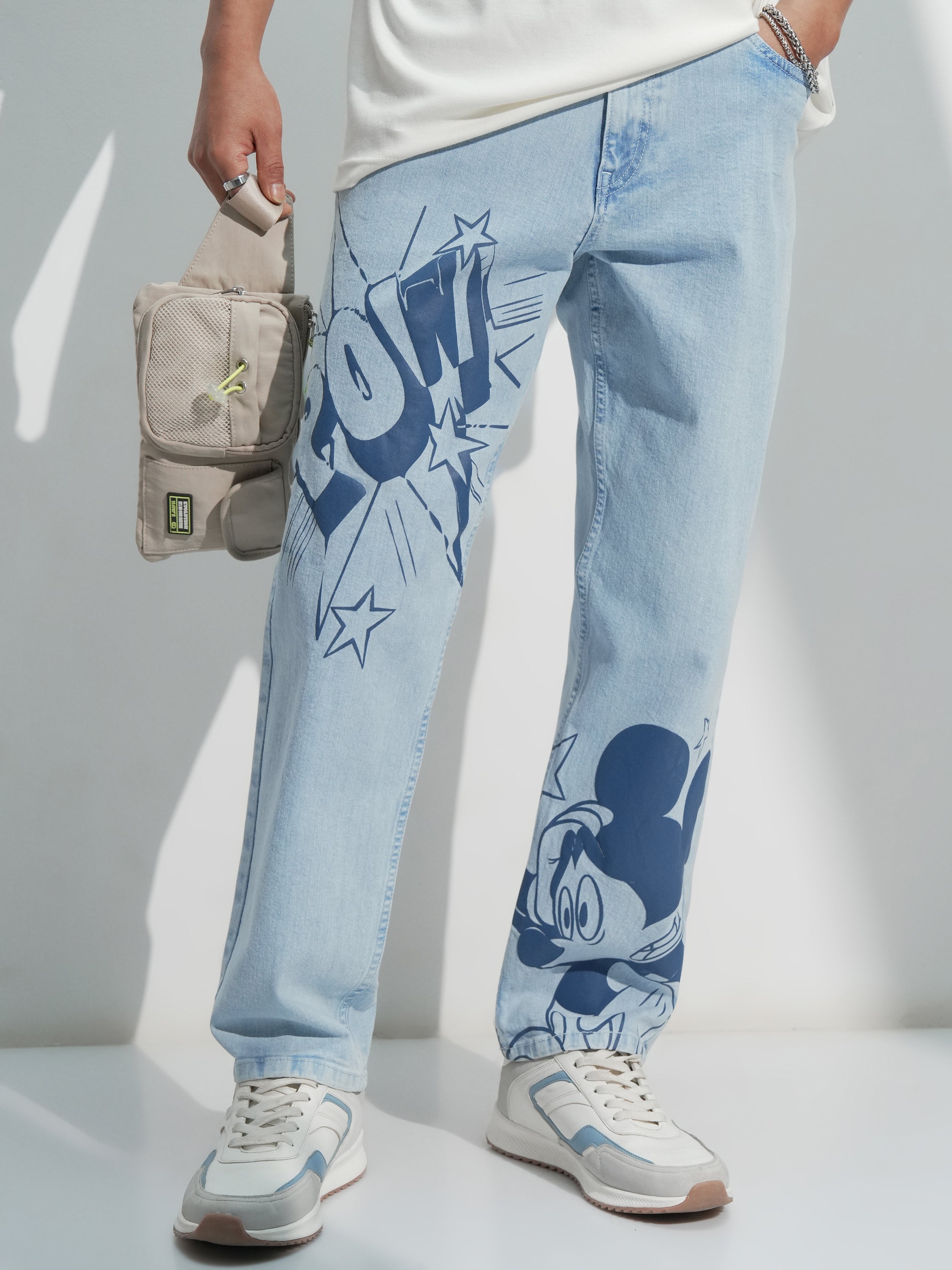 Disney By Highlander Men Blue Mickey Mouse Straight Fit Stretchable Jeans - Blue - Image 1