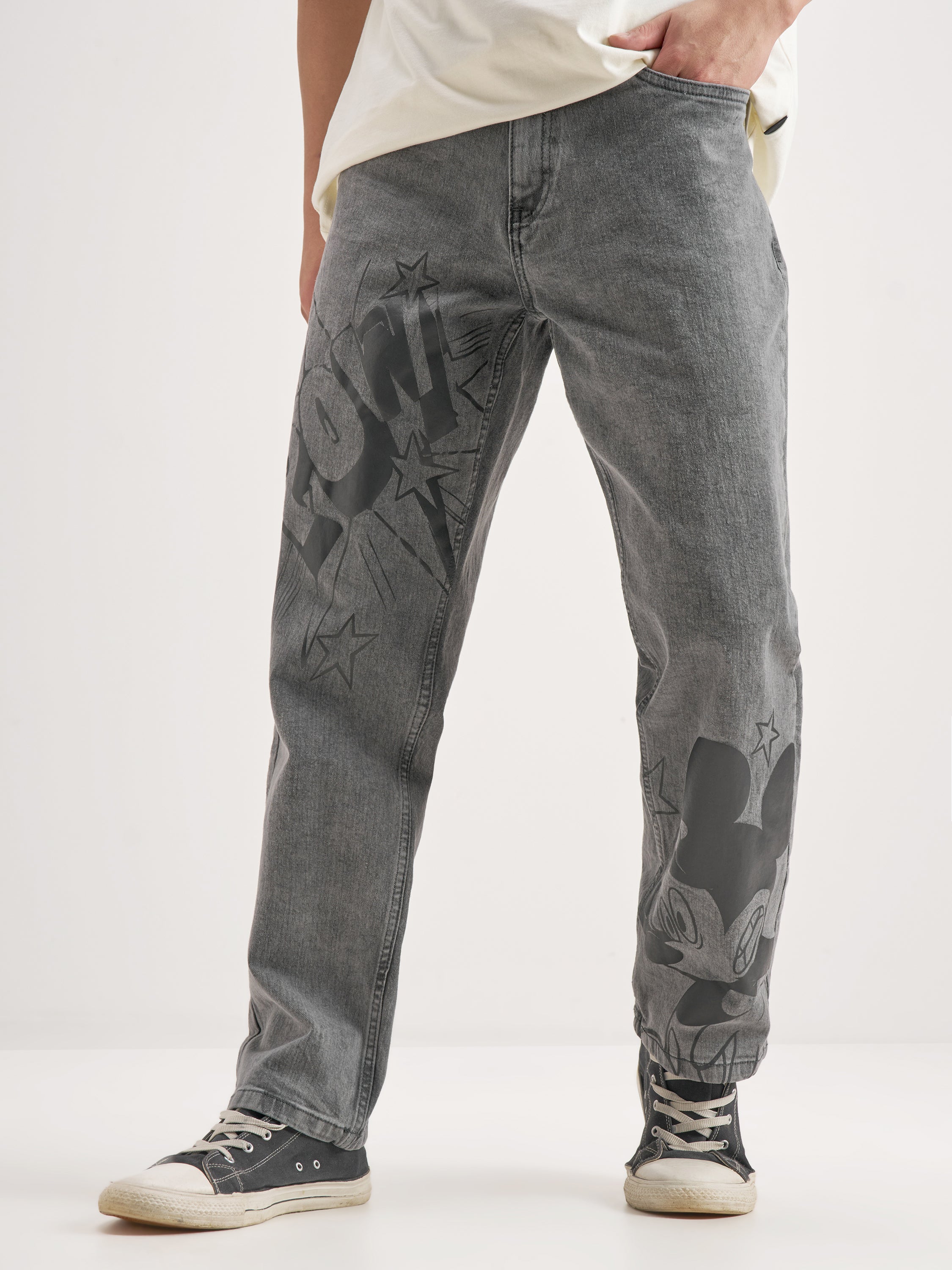 Disney By Highlander Men Grey Mickey Mouse Straight Fit Jeans - Grey - Image 1