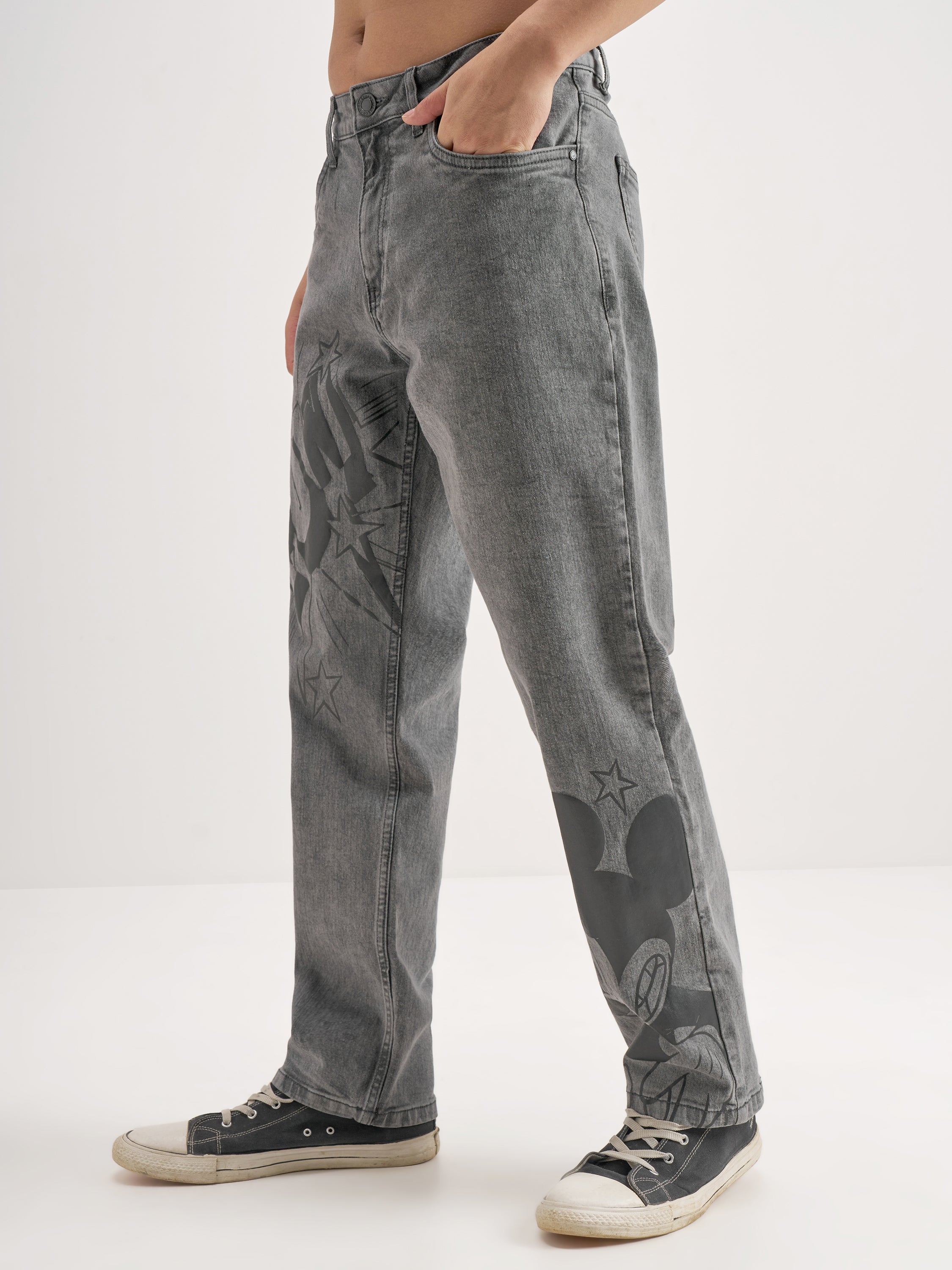 Disney By Highlander Men Grey Mickey Mouse Straight Fit Jeans - Grey - Image 4