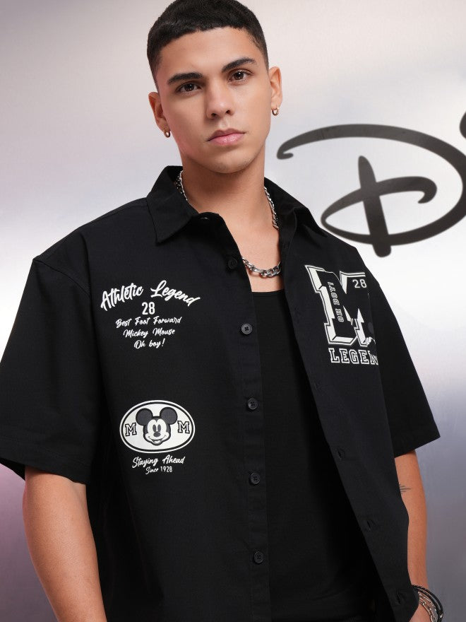 Disney By Highlander Men Black Mickey Mouse Printed Oversized Fit Casual Shirt - Black - Image 1