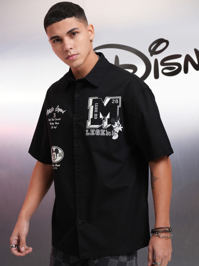 Disney By Highlander Men Black Mickey Mouse Printed Oversized Fit Casual Shirt - Black - Image 4