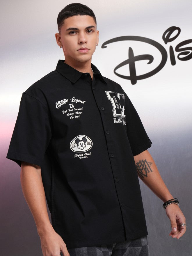 Disney By Highlander Men Black Mickey Mouse Printed Oversized Fit Casual Shirt - Black - Image 6