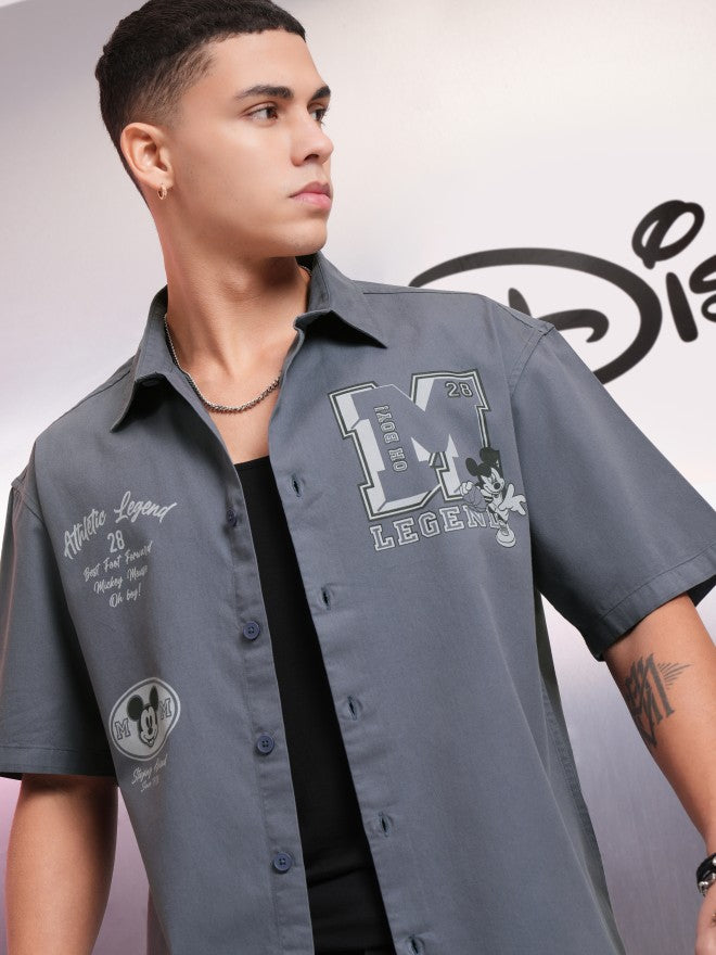 Disney By Highlander Men Grey Mickey Mouse Printed Oversized Fit Casual Shirt - Grey - Image 1
