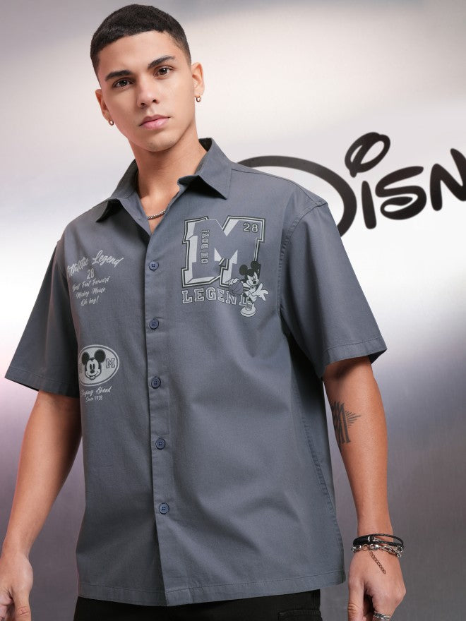 Disney By Highlander Men Grey Mickey Mouse Printed Oversized Fit Casual Shirt - Grey - Image 4