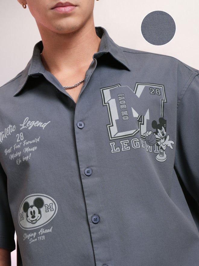 Disney By Highlander Men Grey Mickey Mouse Printed Oversized Fit Casual Shirt - Grey - Image 5