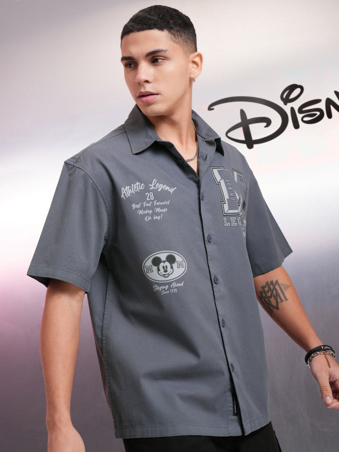 Disney By Highlander Men Grey Mickey Mouse Printed Oversized Fit Casual Shirt - Grey - Image 6
