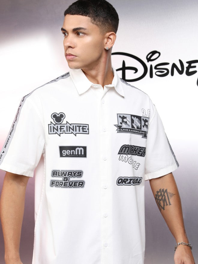 Disney By Highlander Men White Mickey Mouse Printed Oversized Fit Casual Shirt - White - Image 1