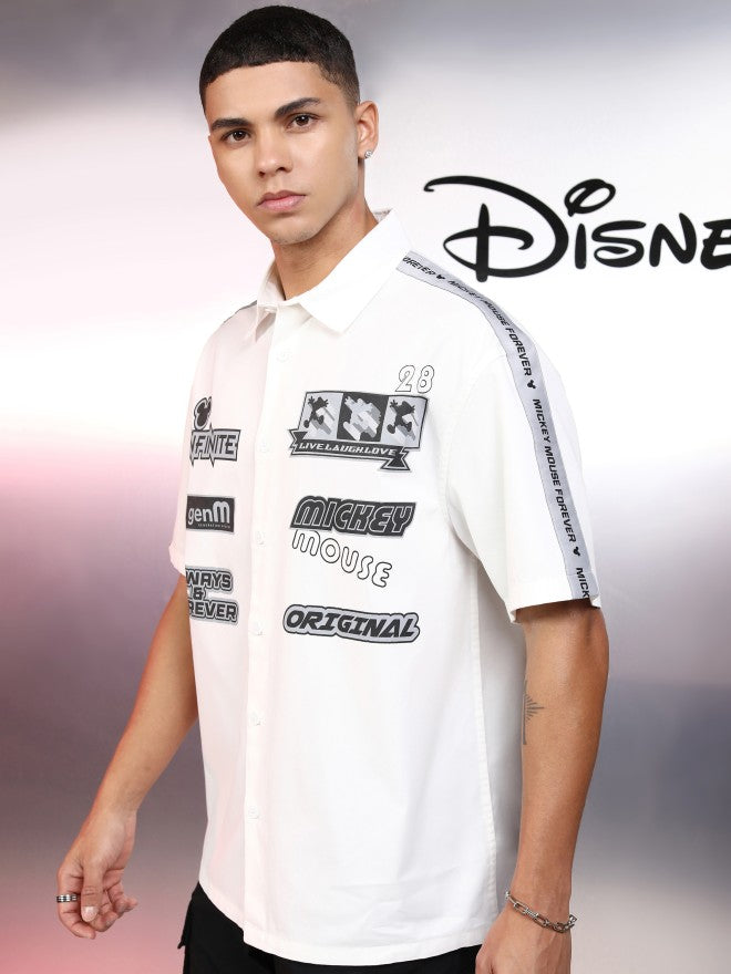 Disney By Highlander Men White Mickey Mouse Printed Oversized Fit Casual Shirt - White - Image 4
