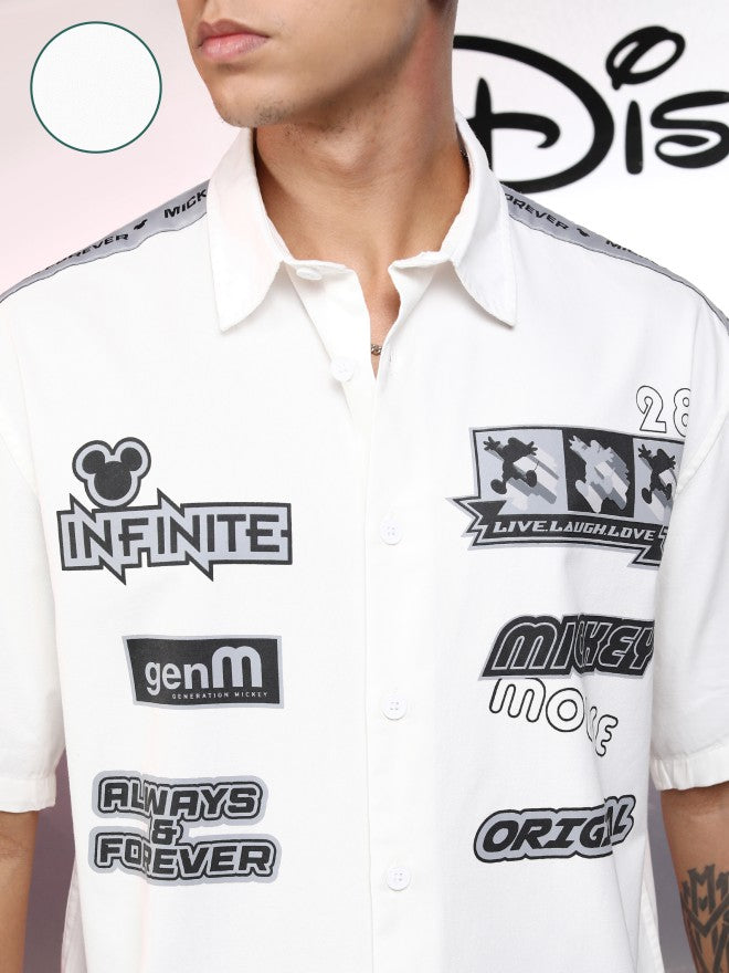 Disney By Highlander Men White Mickey Mouse Printed Oversized Fit Casual Shirt - White - Image 5