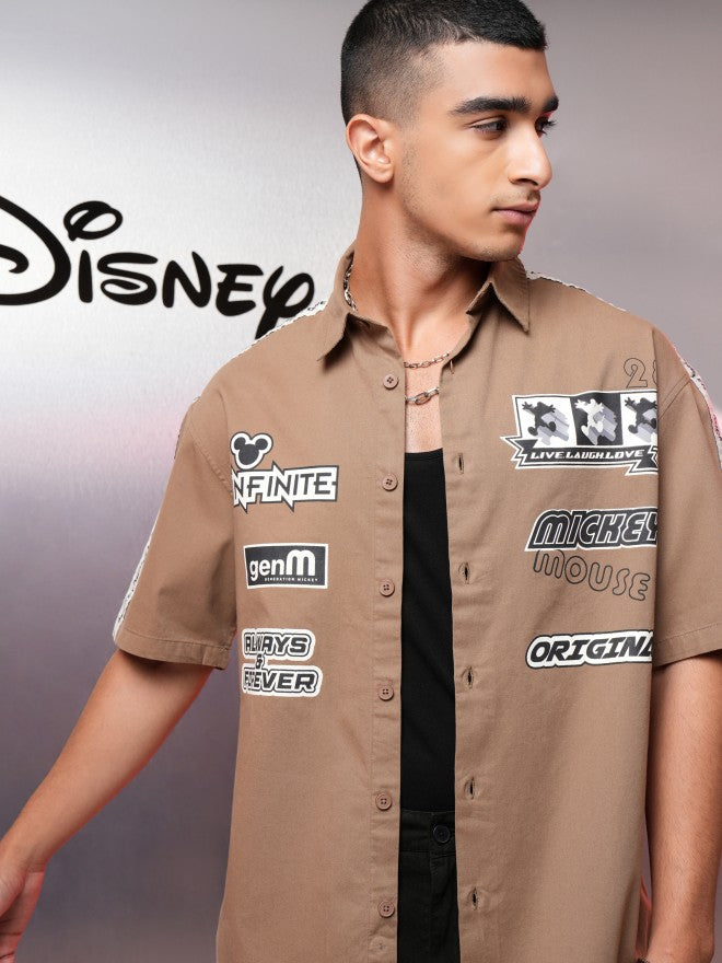 Disney By Highlander Men Khaki Mickey Mouse Printed Oversized Fit Casual Shirt - Khaki - Image 1