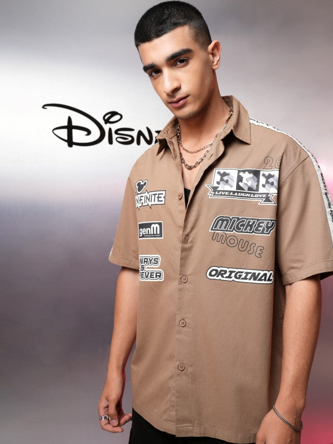 Disney By Highlander Men Khaki Mickey Mouse Printed Oversized Fit Casual Shirt - Khaki - Image 4