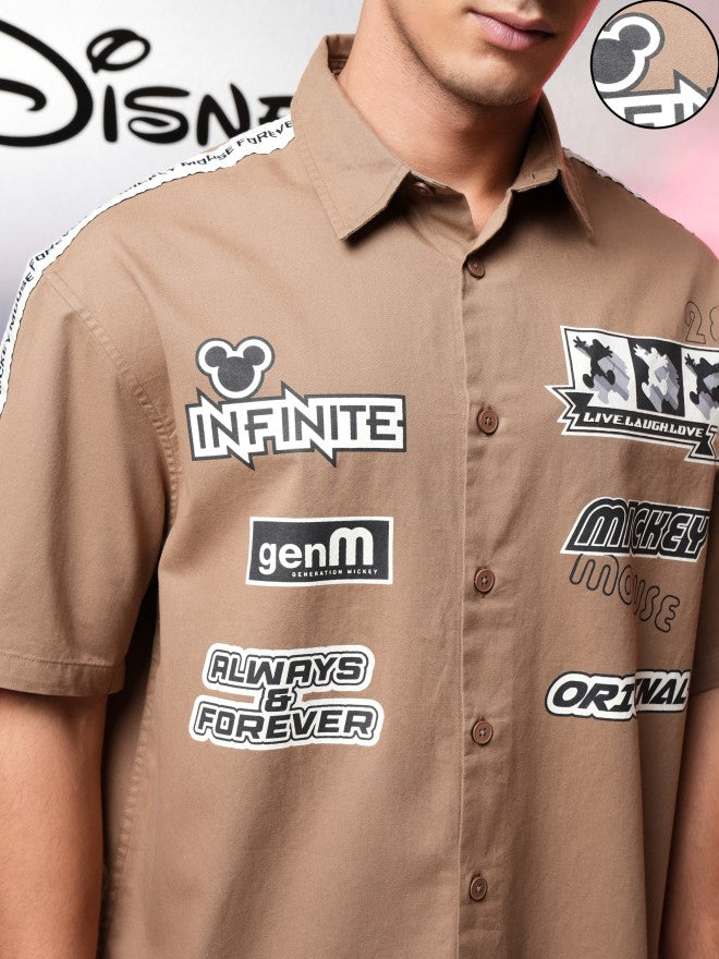 Disney By Highlander Men Khaki Mickey Mouse Printed Oversized Fit Casual Shirt - Khaki - Image 5