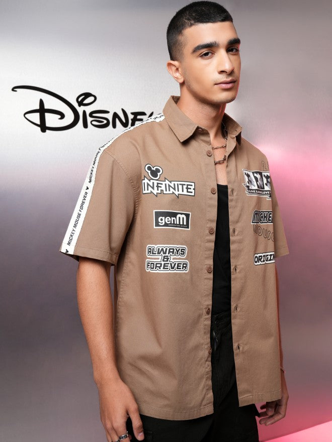 Disney By Highlander Men Khaki Mickey Mouse Printed Oversized Fit Casual Shirt - Khaki - Image 6