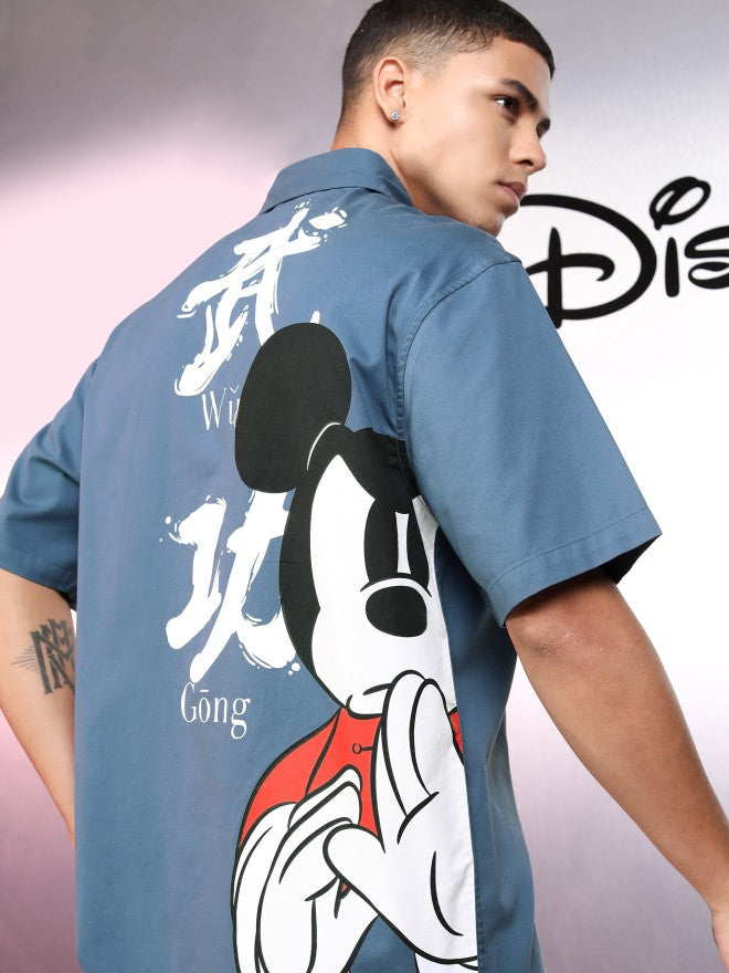 Disney By Highlander Men Blue Mickey Mouse Printed Oversized Fit Casual Shirt - Blue - Image 1