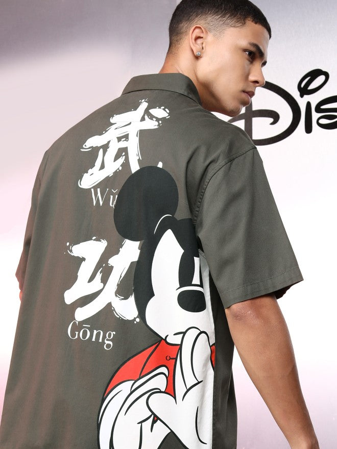 Disney By Highlander Men Olive Mickey Mouse Printed Oversized Fit Casual Shirt - Olive - Image 1