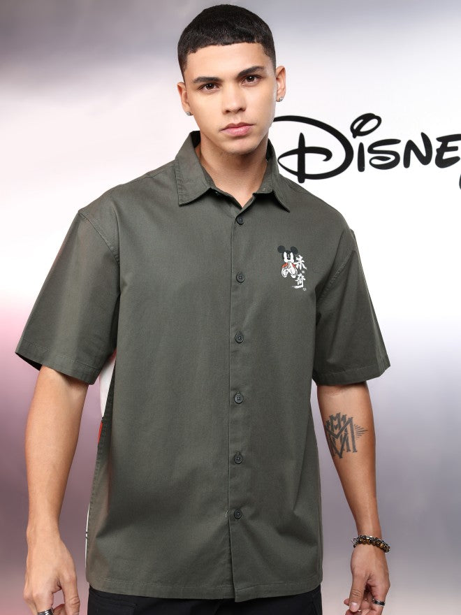Disney By Highlander Men Olive Mickey Mouse Printed Oversized Fit Casual Shirt - Olive - Image 3