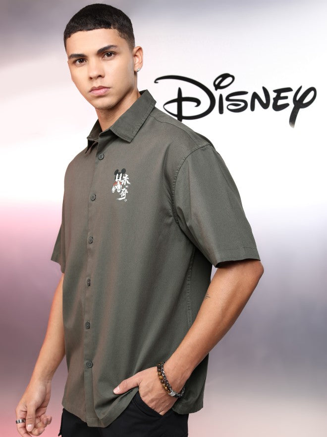 Disney By Highlander Men Olive Mickey Mouse Printed Oversized Fit Casual Shirt - Olive - Image 4