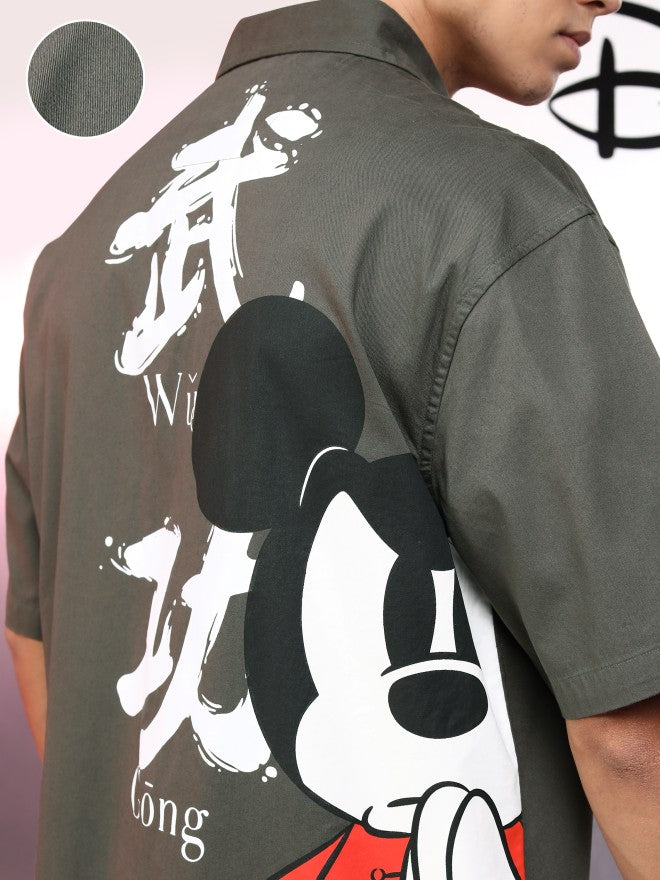 Disney By Highlander Men Olive Mickey Mouse Printed Oversized Fit Casual Shirt - Olive - Image 5