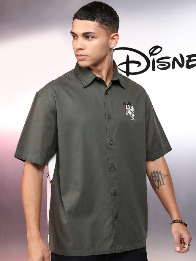Disney By Highlander Men Olive Mickey Mouse Printed Oversized Fit Casual Shirt - Olive - Image 6