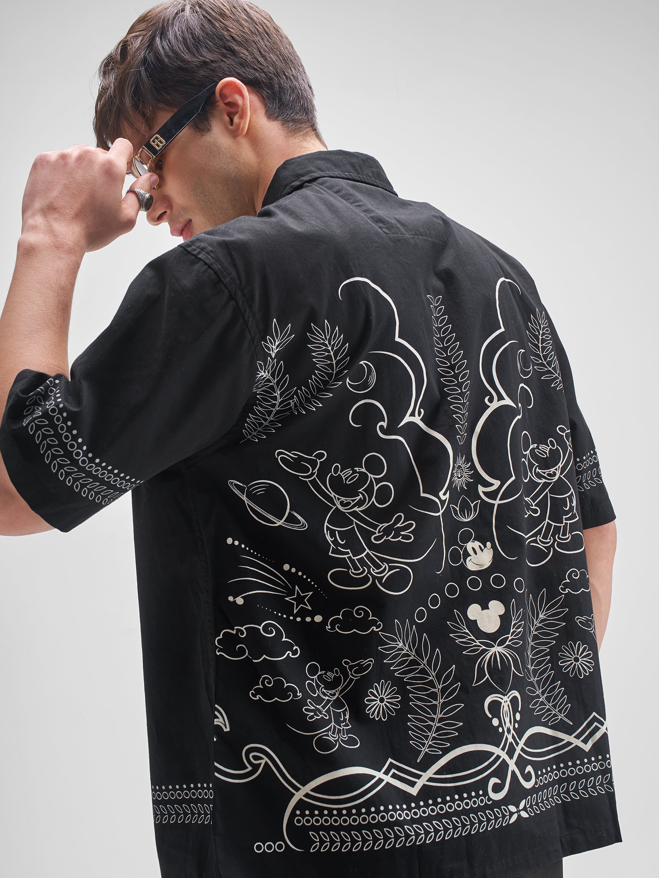 Disney By Highlander Men Black Mickey Mouse Printed Oversized Fit Casual Shirt - Black - Image 1