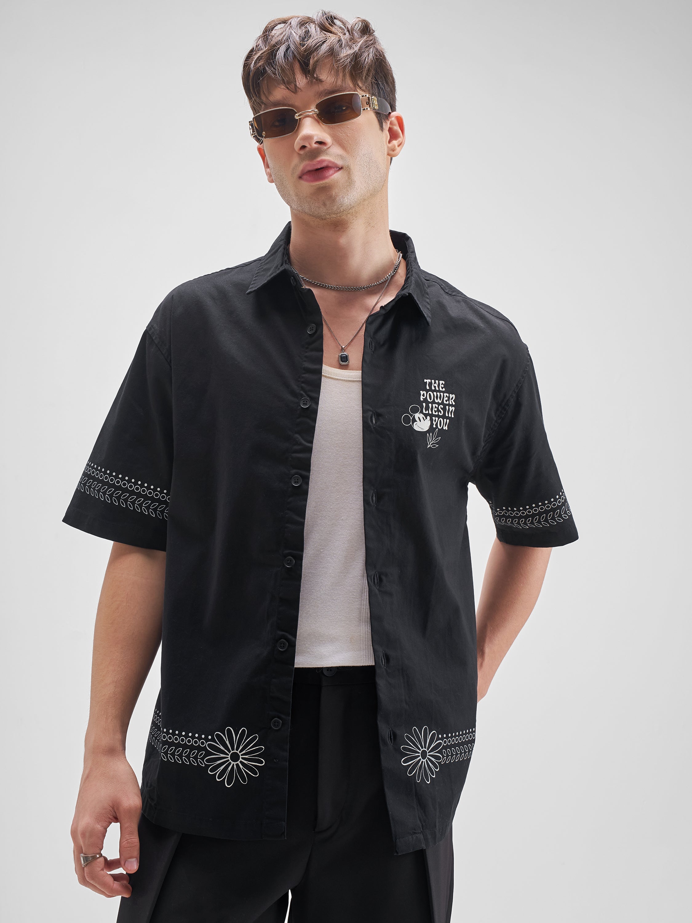 Disney By Highlander Men Black Mickey Mouse Printed Oversized Fit Casual Shirt - Black - Image 3