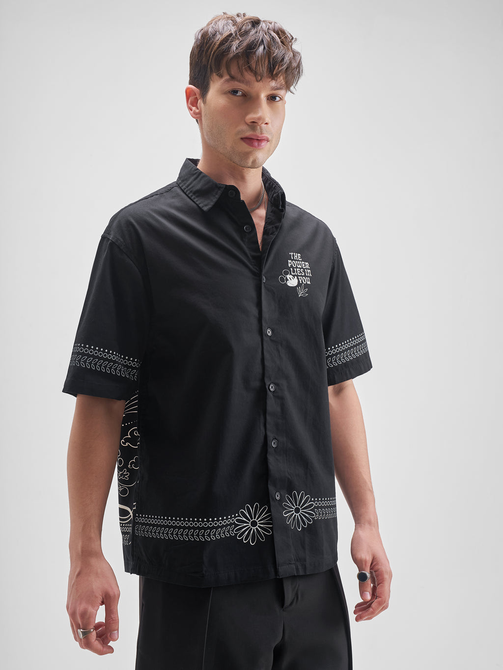 Disney By Highlander Men Black Mickey Mouse Printed Oversized Fit Casual Shirt - Black - Image 6