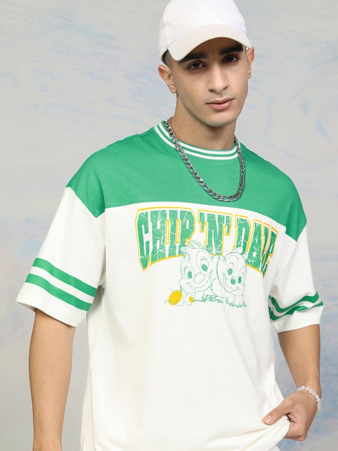 Disney By Highlander Men Green Chip And Dale Printed Round Neck Oversized Fit T-Shirt - Green - Image 1