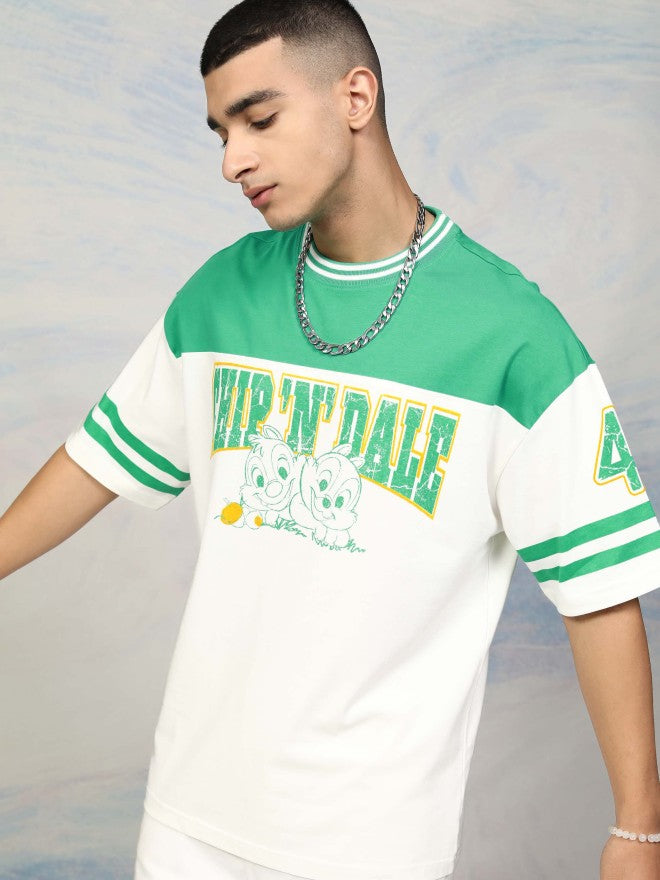 Disney By Highlander Men Green Chip And Dale Printed Round Neck Oversized Fit T-Shirt - Green - Image 4