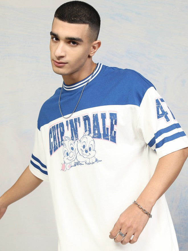 Disney By Highlander Men Blue Chip And Dale Printed Round Neck Oversized Fit T-Shirt - Blue - Image 1
