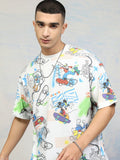 Disney By Highlander Men White Mickey Mouse Printed Round Neck Oversized Fit T-Shirt - White - Image 1