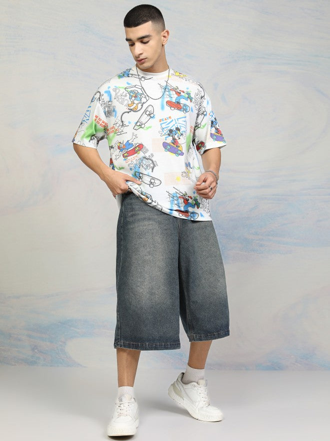 Disney By Highlander Men White Mickey Mouse Printed Round Neck Oversized Fit T-Shirt - White - Image 2