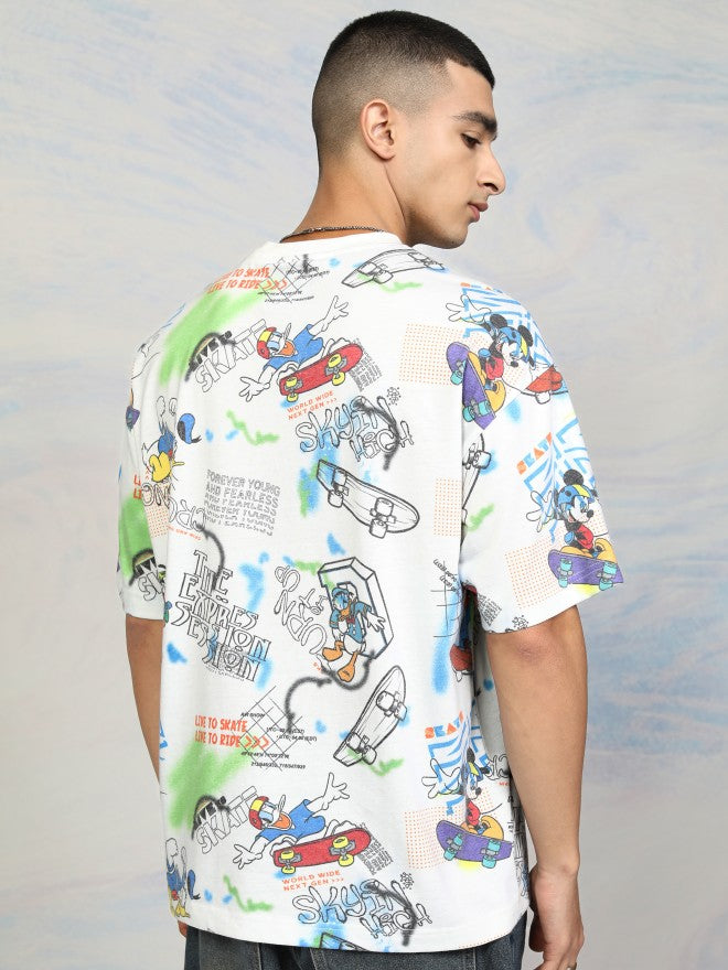 Disney By Highlander Men White Mickey Mouse Printed Round Neck Oversized Fit T-Shirt - White - Image 3