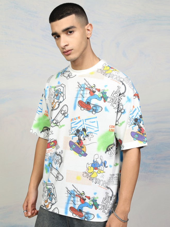 Disney By Highlander Men White Mickey Mouse Printed Round Neck Oversized Fit T-Shirt - White - Image 4