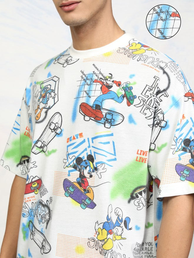 Disney By Highlander Men White Mickey Mouse Printed Round Neck Oversized Fit T-Shirt - White - Image 5