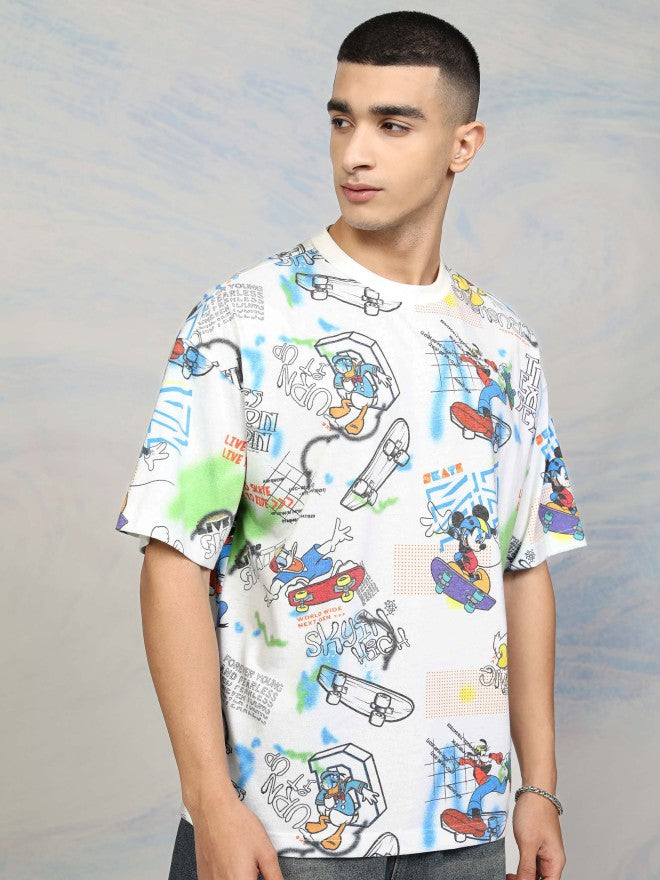 Disney By Highlander Men White Mickey Mouse Printed Round Neck Oversized Fit T-Shirt - White - Image 6