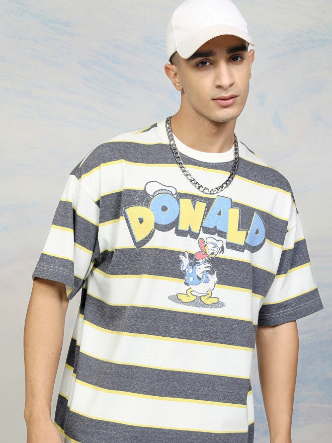 Disney By Highlander Men Off White Donald Duck Printed Round Neck Oversized Fit T-Shirt - Off White - Image 1