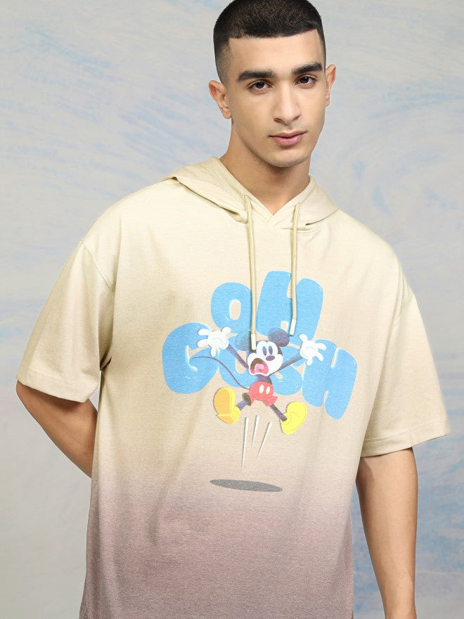 Disney By Highlander Men Beige Mickey Mouse Printed Hood Oversized Fit T-Shirt - Beige - Image 1