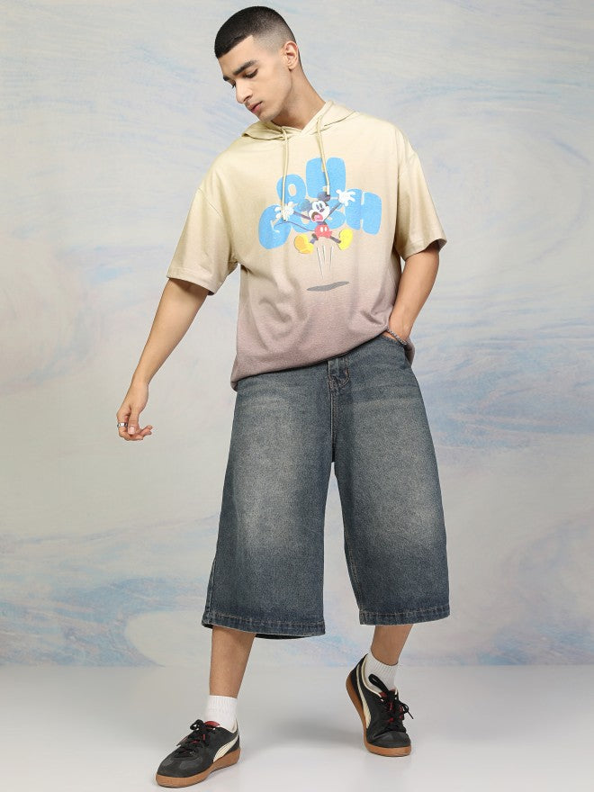 Disney By Highlander Men Beige Mickey Mouse Printed Hood Oversized Fit T-Shirt - Beige - Image 2