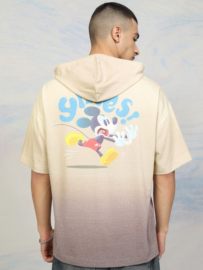 Disney By Highlander Men Beige Mickey Mouse Printed Hood Oversized Fit T-Shirt - Beige - Image 3