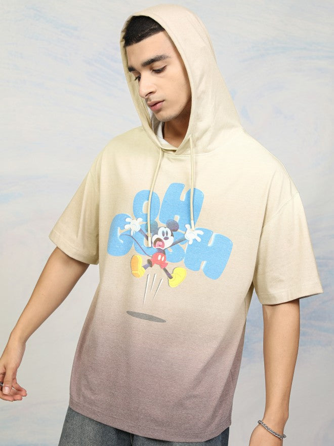 Disney By Highlander Men Beige Mickey Mouse Printed Hood Oversized Fit T-Shirt - Beige - Image 4