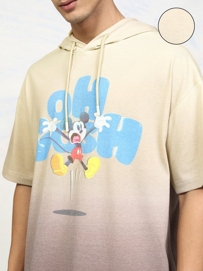 Disney By Highlander Men Beige Mickey Mouse Printed Hood Oversized Fit T-Shirt - Beige - Image 5
