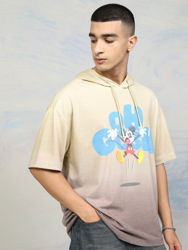 Disney By Highlander Men Beige Mickey Mouse Printed Hood Oversized Fit T-Shirt - Beige - Image 6