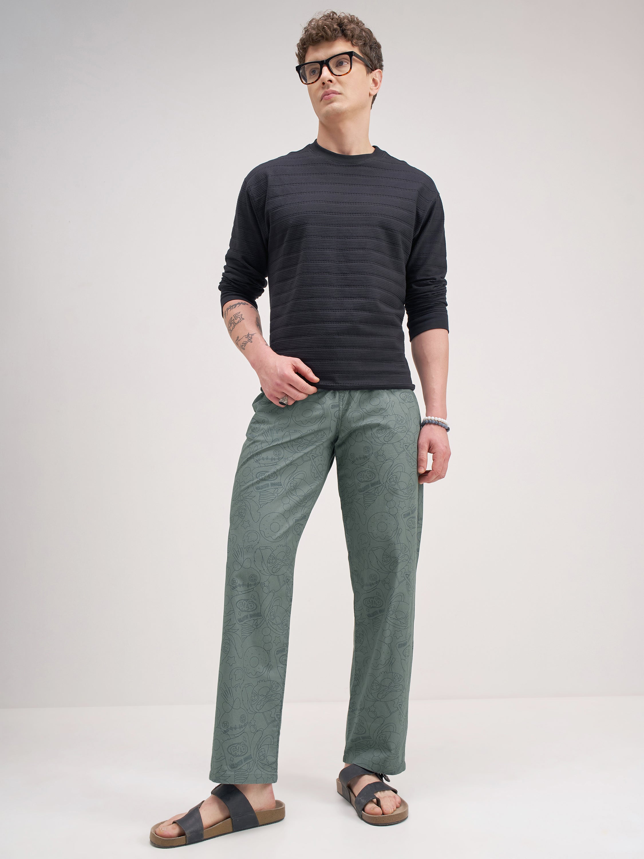 Disney By Highlander Men Olive Stitch Printed Lounge Pant - Olive - Image 2