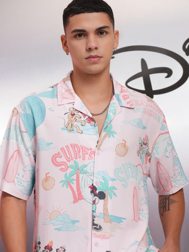 Disney By Highlander Men Pink Mickey Mouse Printed Relaxed Fit Casual Shirt - Pink - Image 1