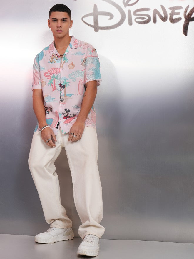 Disney By Highlander Men Pink Mickey Mouse Printed Relaxed Fit Casual Shirt - Pink - Image 2