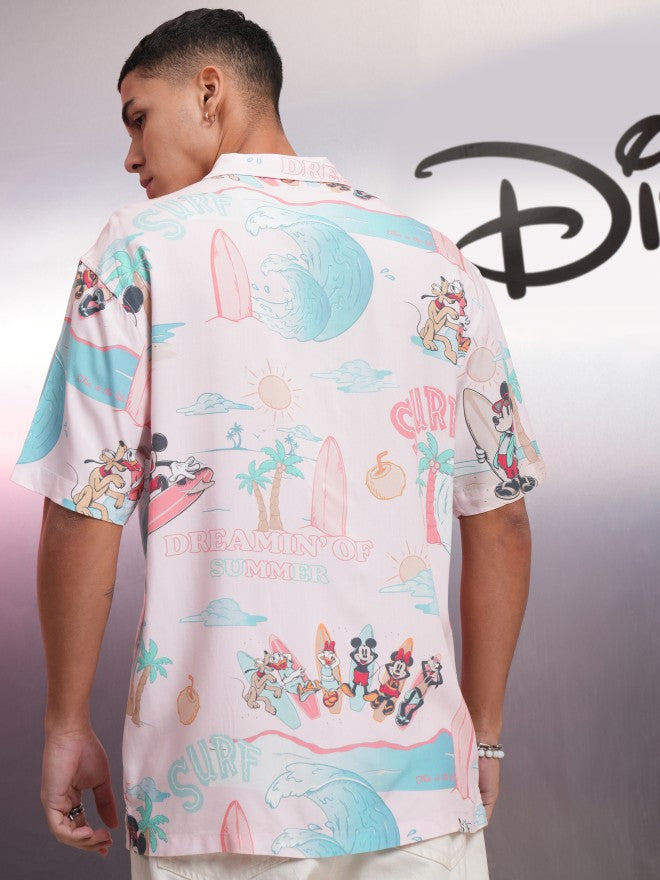 Disney By Highlander Men Pink Mickey Mouse Printed Relaxed Fit Casual Shirt - Pink - Image 3