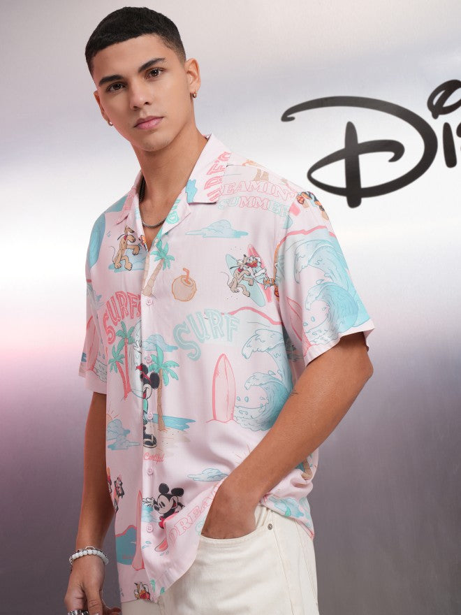 Disney By Highlander Men Pink Mickey Mouse Printed Relaxed Fit Casual Shirt - Pink - Image 4