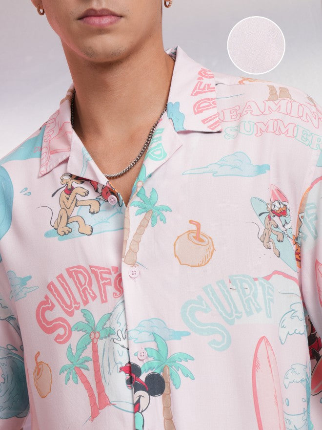 Disney By Highlander Men Pink Mickey Mouse Printed Relaxed Fit Casual Shirt - Pink - Image 5